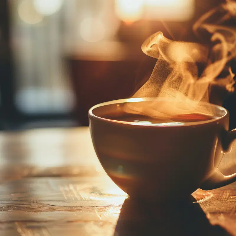 A steaming cup of coffee on a wooden table